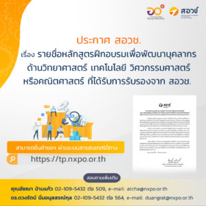 ประกาศสำนักงานสภานโยบายการอุดมศึกษา วิทยาศาสตร์ วิจัยและนวัตกรรมแห่งชาติ เรื่อง รายชื่อหลักสูตรฝึกอบรมเพื่อพัฒนาบุคลากรด้านวิทยาศาสตร์ เทคโนโลยี วิศวกรรมศาสตร์ หรือคณิตศาสตร์ ที่ได้รับการรับรองจากสำนักงานสภานโยบายการอุดมศึกษา วิทยาศาสตร์ วิจัยและนวัตกรรมแห่งชาติ