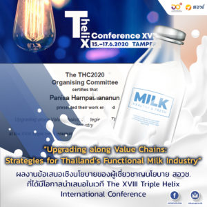 “Upgrading along Value Chains: Strategies for Thailand’s Functional Milk Industry” ผลงานข้อเสนอเชิงนโยบายของผู้เชี่ยวชาญนโยบาย สอวช.  ที่ได้มีโอกาสนำเสนอในเวที The XVIII Triple Helix International Conference