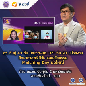 อว. จับคู่ 40 ทีม บัณฑิต-นศ. U2T กับ 20 หน่วยงานวิทยาศาสตร์ วิจัย และนวัตกรรม Matching Day ยิ่งใหญ่ ด้าน สอวช. จับคู่กับ 2 มหาวิทยาลัยจากเชียงใหม่-เลย