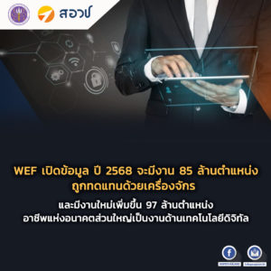 WEF เปิดข้อมูล ปี 2568 จะมีงาน 85 ล้านตำแหน่งถูกทดแทนด้วยเครื่องจักร และมีงานใหม่เพิ่มขึ้น 97 ล้านตำแหน่ง อาชีพแห่งอนาคตส่วนใหญ่เป็นงานด้านเทคโนโลยีดิจิทัล