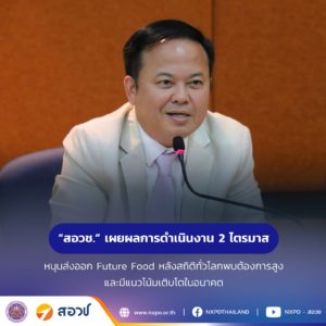 กระทรวง อว. โดย สอวช. เผยผลการดำเนินงาน 2 ไตรมาส หนุนส่งออก Future Food หลังสถิติทั่วโลกพบต้องการสูง และมีแนวโน้มเติบโตในอนาคต